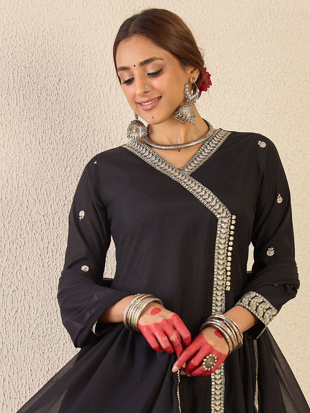 Dhiyona IE Ethnic Motifs Embroidered Angrakha Kurta With Trousers & Dupatta