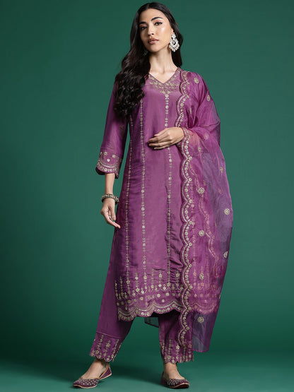 Dhiyona IE Floral Embroidered Kurta With Trousers & Dupatta