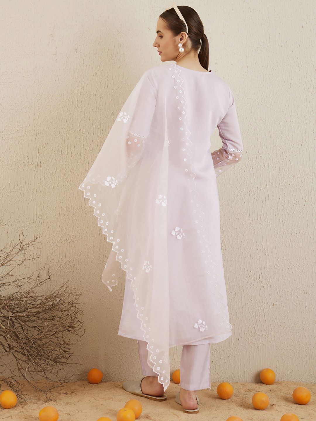 Dhiyona IE Floral Embroidered V-Neck Thread Work Kurta with Trousers & With Dupatta
