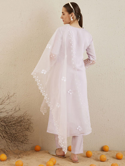Dhiyona IE Floral Embroidered V-Neck Thread Work Kurta with Trousers & With Dupatta