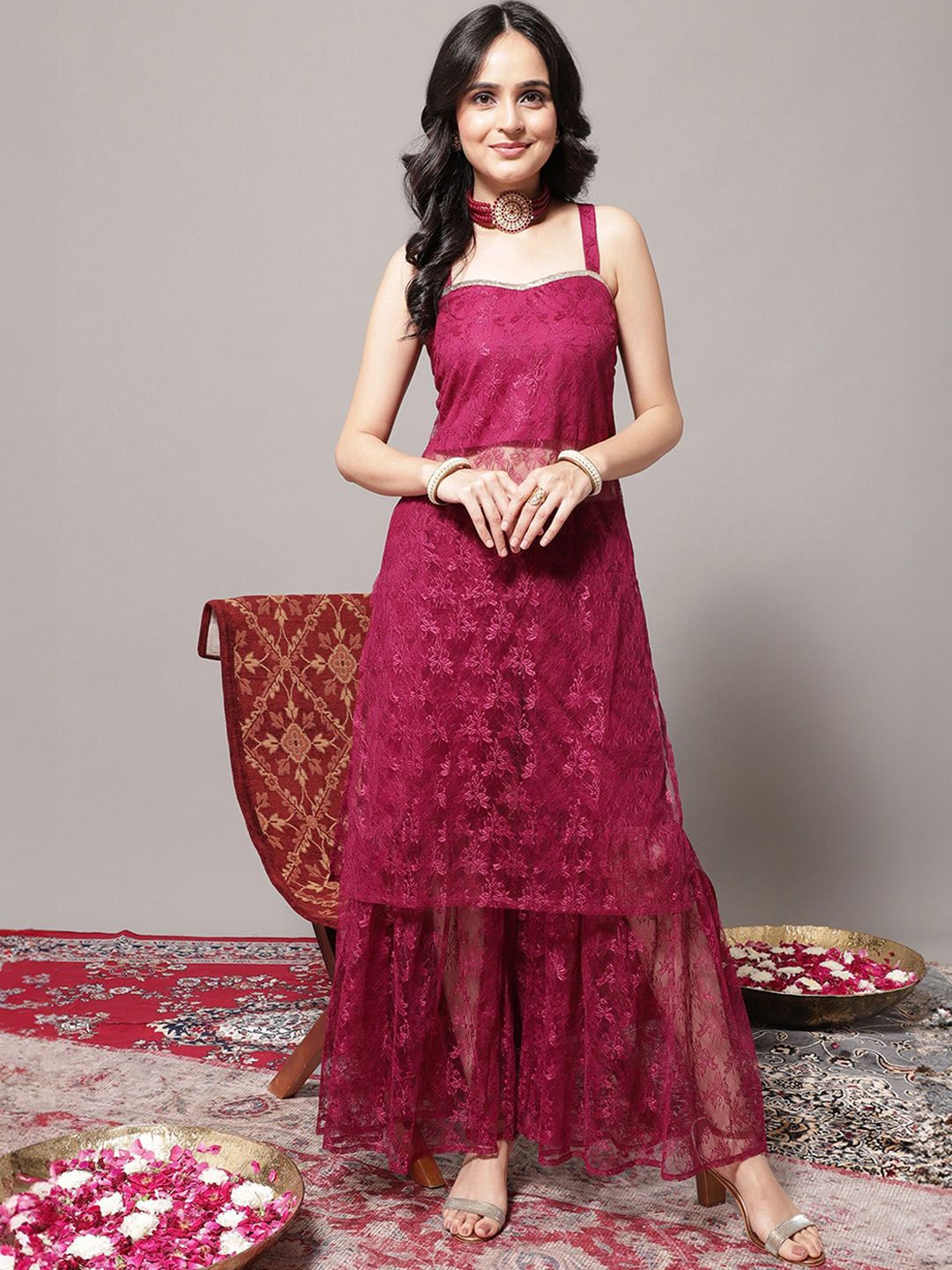 Dhiyona VA Women's Floral Woven Design Kurta With Sharara