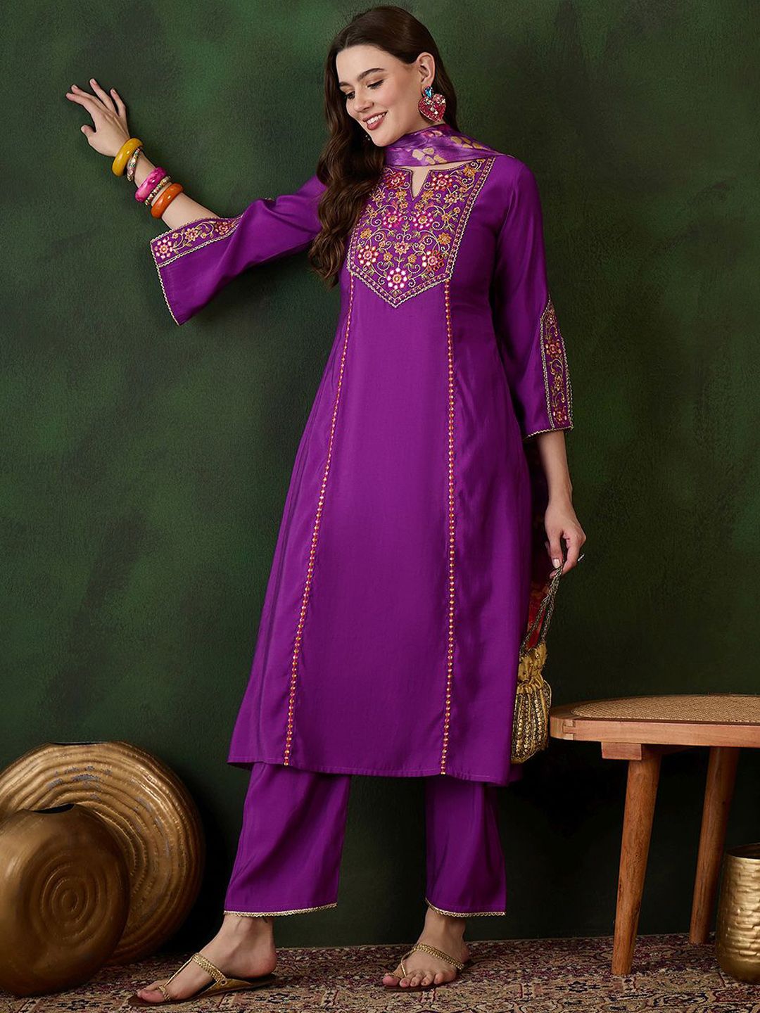 Dhiyona SN Women's Purple Floral Embroidered Mirror Work A-Line Kurta With Trouser And Dupatta