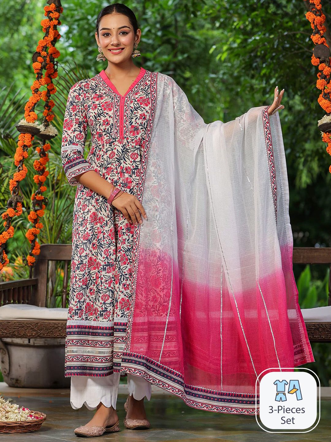 Dhiyona RR Women's Floral Printed Gotta Patti Pure Cotton Kurta With Trousers & Dupatta