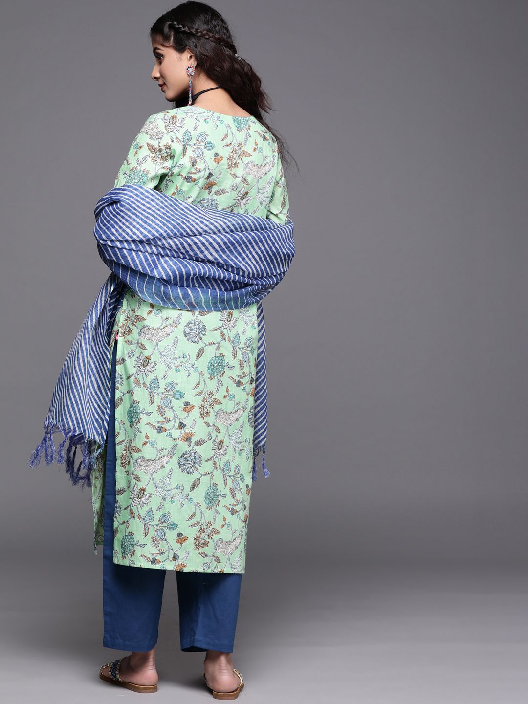 Dhiyona VA Women's Blue Pure Cotton Floral Printed Sequinned Kurta with Trousers & With Dupatta