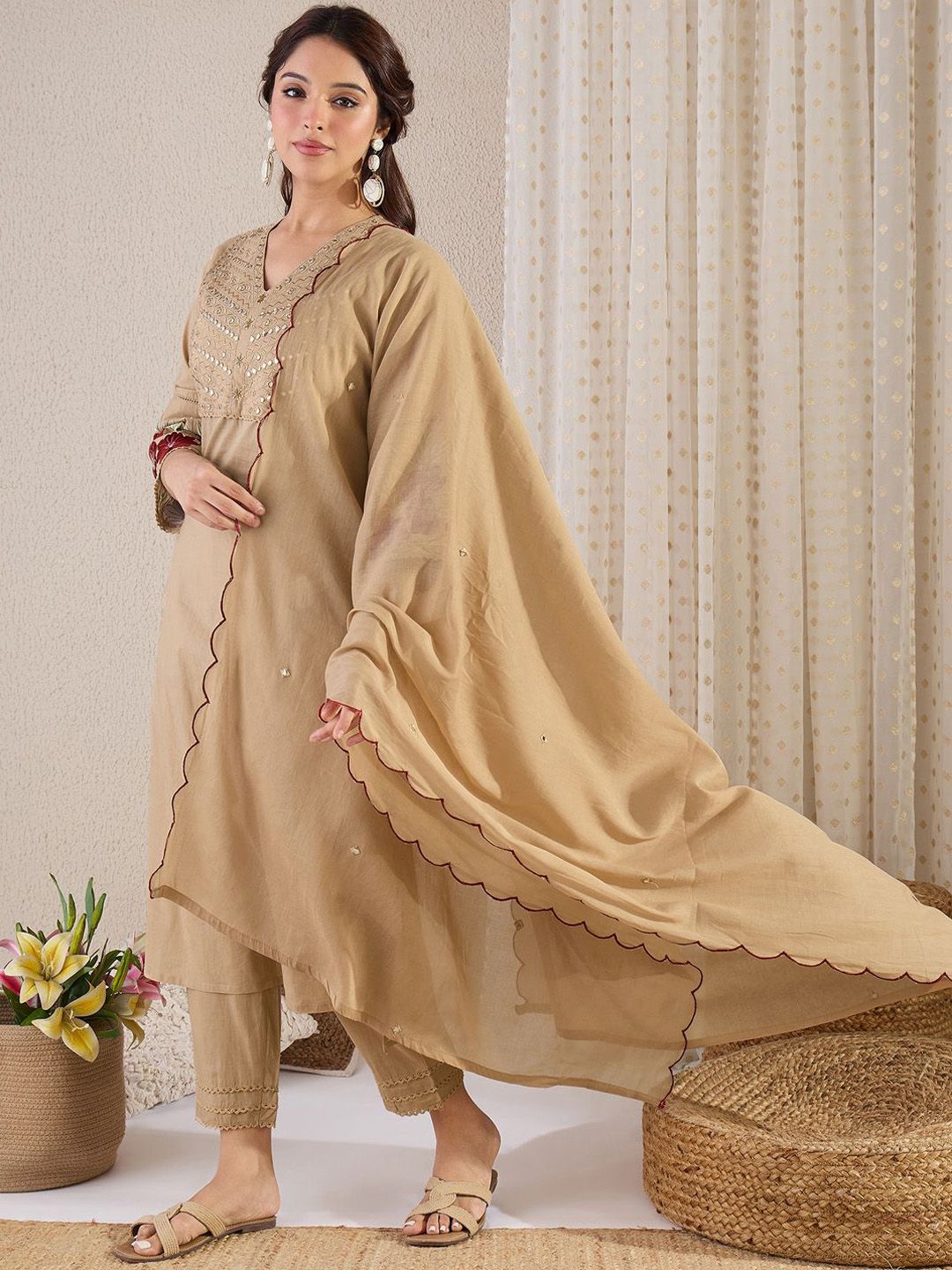 Dhiyona IE Women Yoke Design Embroidered Cotton Kurta with Trousers & Dupatta