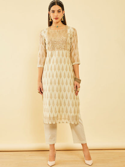 Dhiyona SO Women's Women Floral Printed Chanderi Silk Straight Kurta With Trousers & Dupatta