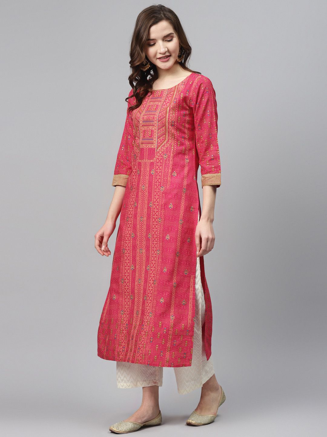 Dhiyona IE Women Pink & Peach-Coloured Foil Print Straight Kurta