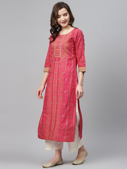 Dhiyona IE Women Pink & Peach-Coloured Foil Print Straight Kurta