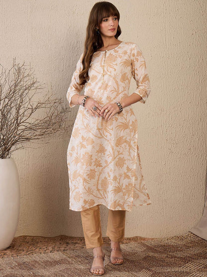 Dhiyona IE Women Floral Printed Keyhole Neck Sequinned Floral Kurta