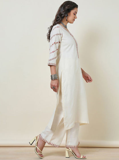 Dhiyona SO Women's Cream-Coloured Floral Yoke Design Thread Work Straight Kurta With Palazzos
