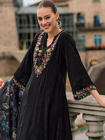 Dhiyona IE Floral Yoke Design Thread Work A-Line Kurta With Trousers & Dupatta
