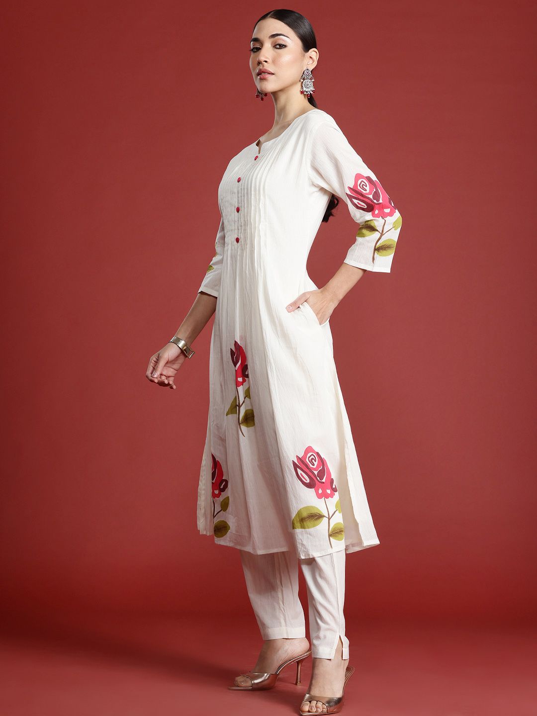 Dhiyona IE Floral Printed Pure Cotton A-Line Kurta with Trousers