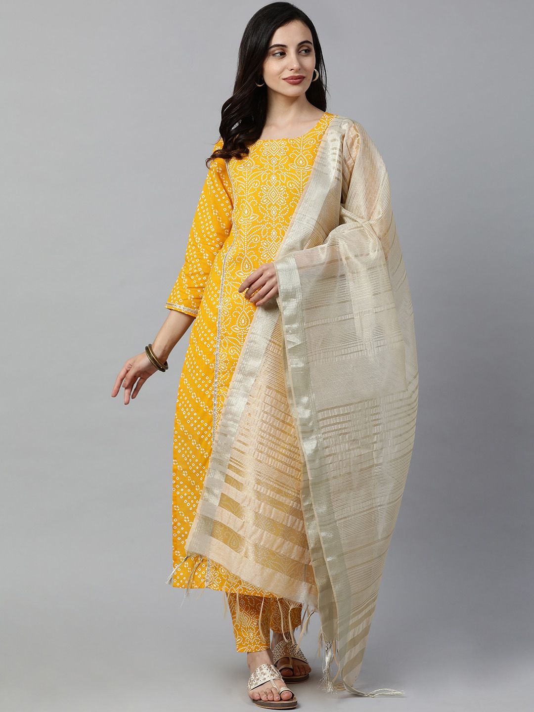 Dhiyona IE Women Yellow & White Printed Kurta with Trousers & Dupatta