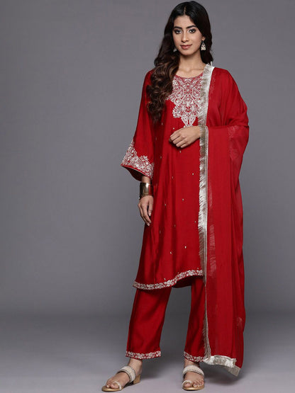 Dhiyona VA Women'sFloral Embroidered Sequinned A-Line Kurta with Trousers with Dupatta