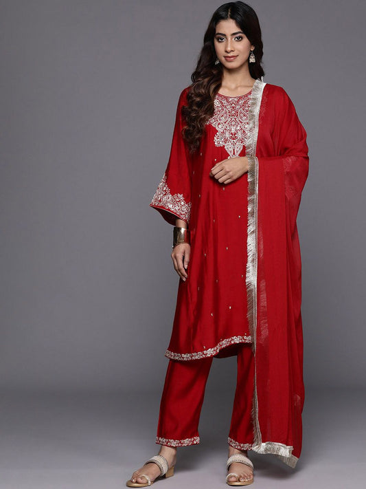 Dhiyona VA Women'sFloral Embroidered Sequinned A-Line Kurta with Trousers with Dupatta
