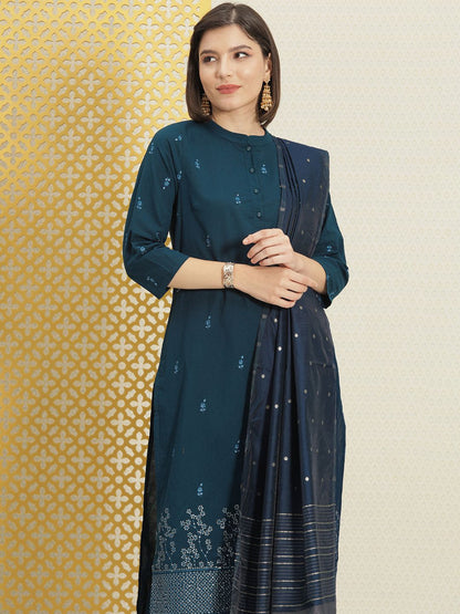 Dhiyona PD Women Women Teal Floral Embroidered Sequinned Kurta with Trousers & With Dupatta