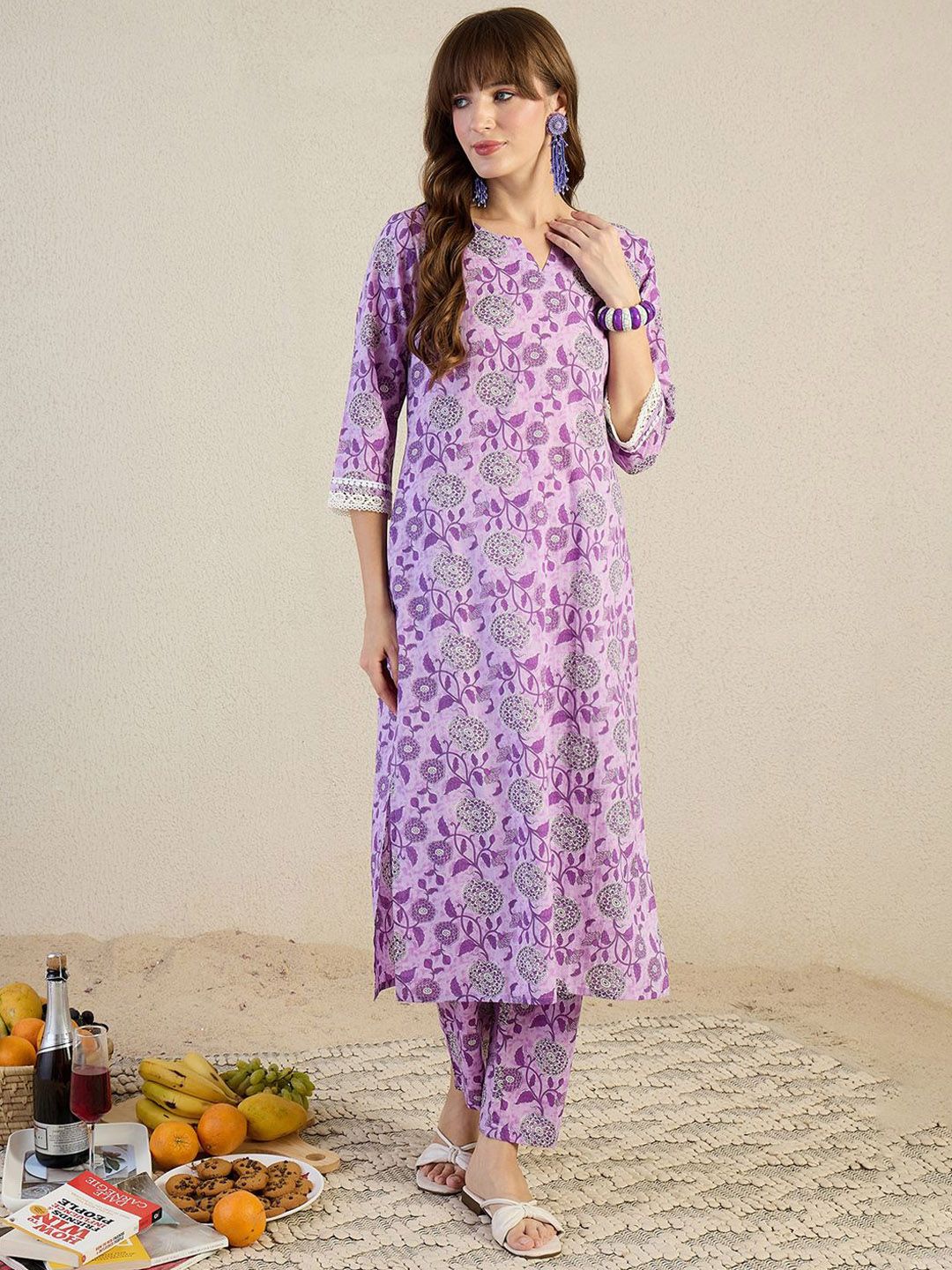 Dhiyona IE Women Floral Printed Pure Cotton Kurta with Trousers