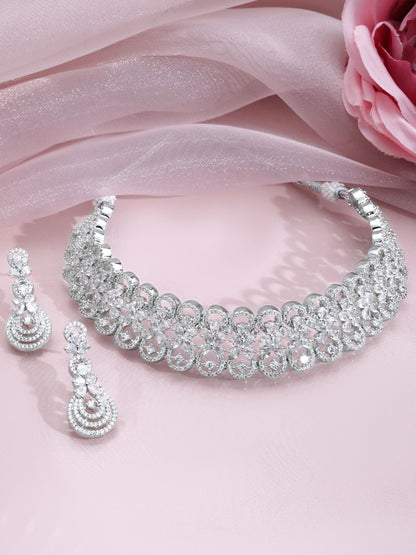 Dhiyona RJ Women's Rhodium-Plated Cubic Zirconia Studded Floral Design Choker Necklace Set
