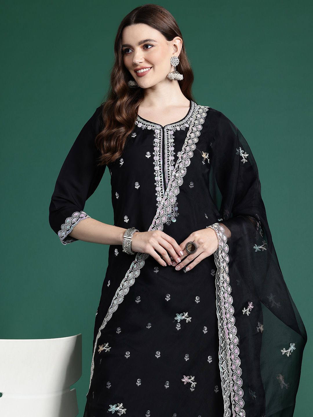 Ethnic Motifs Embroidered Sequinned Kurta with Trousers & With Dupatta