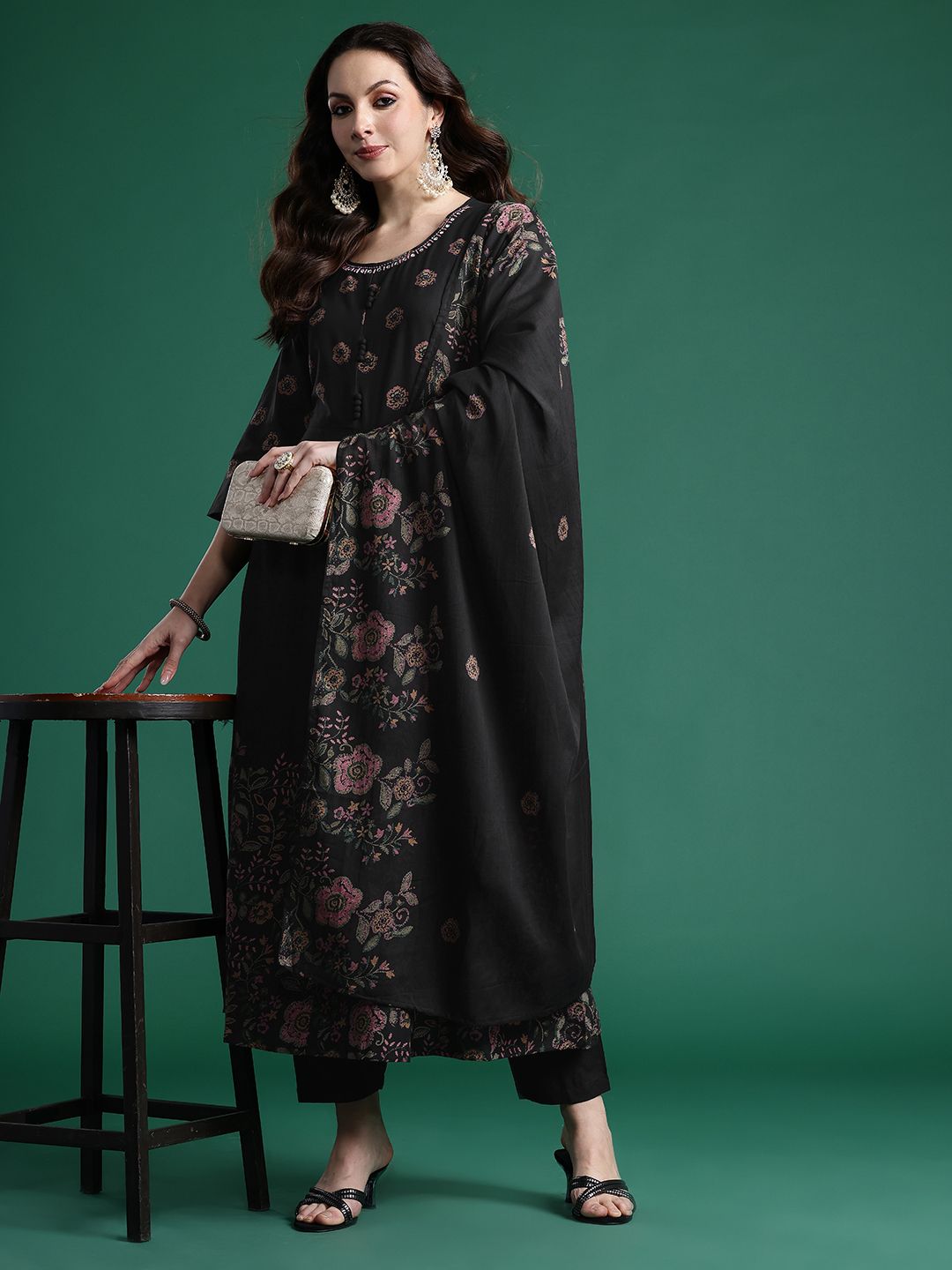 Dhiyona IE Floral Printed Pure Cotton Kurta with Trousers & Dupatta