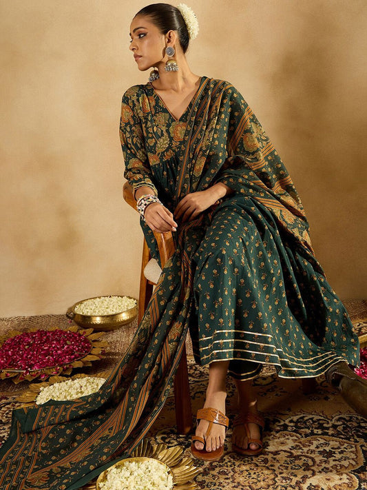 Dhiyona IE Floral Printed Empire Pure Cotton A-Line Kurta With Trousers & Dupatta