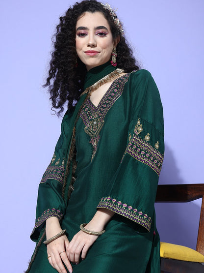 Dhiyona VA Women'sGreen Zari Embroidered Flared Sleeves Kurta with Trouser & Dupatta