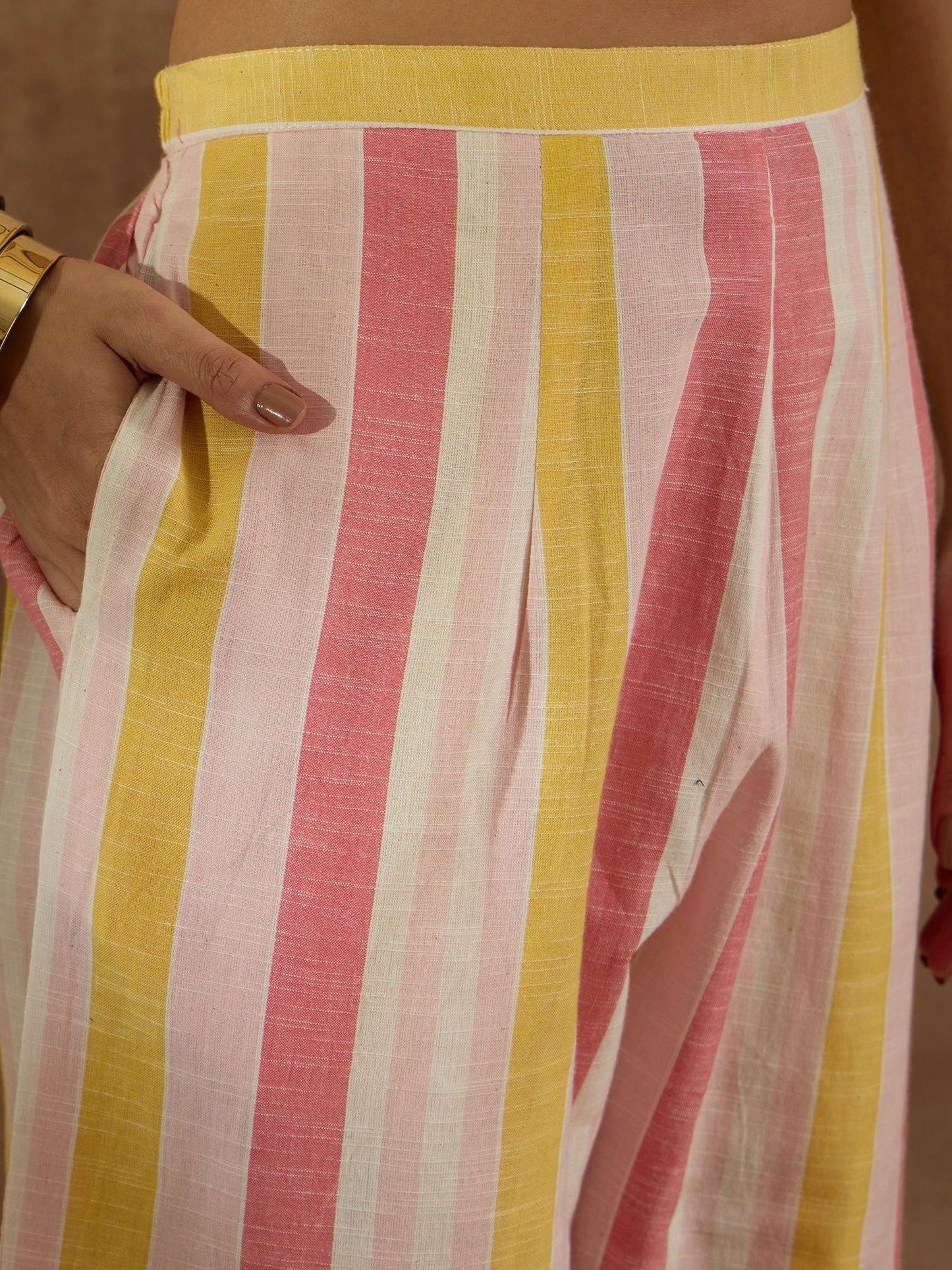 Dhiyona IE Floral Embroidered Striped Pure Cotton V-Neck Straight Kurta With Trousers