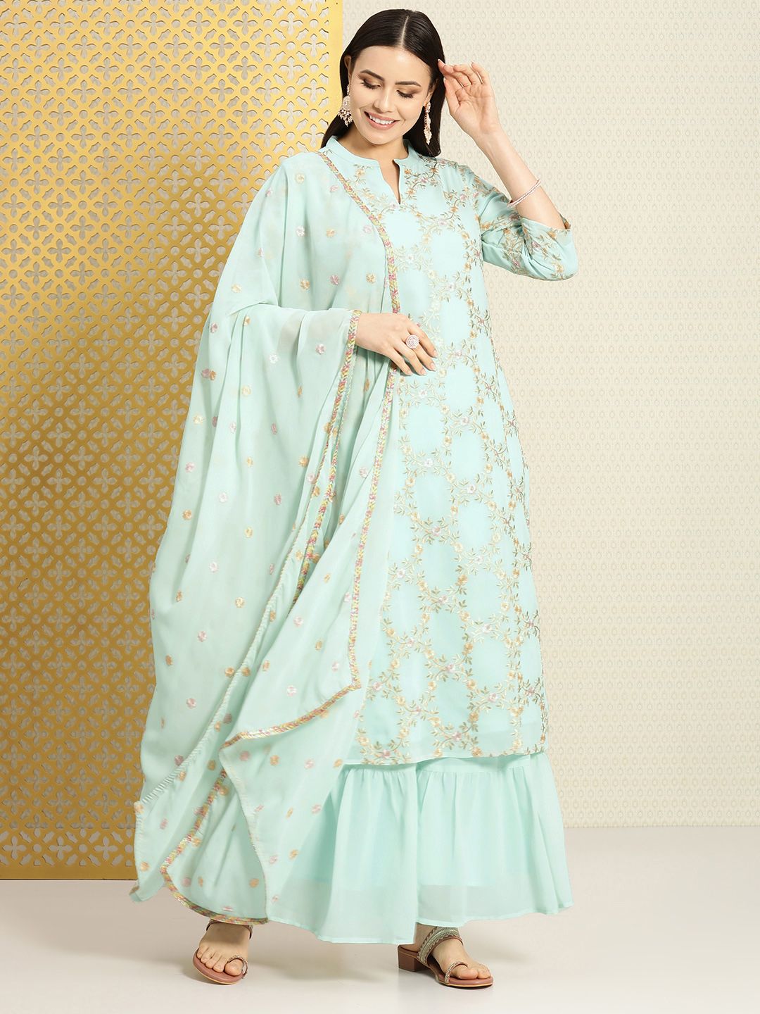 Dhiyona PD Women Women Floral Embroidered Sequined Jashn Kurta With Sharara & Dupatta