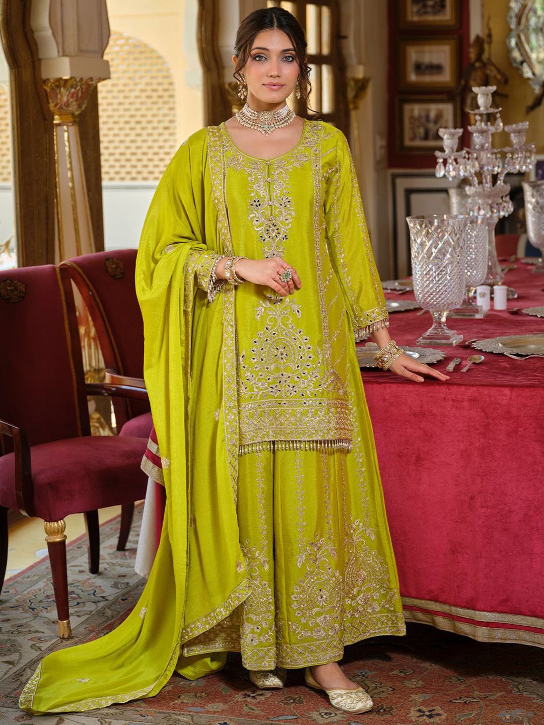 Women Ethnic Motifs Embroidered Regular Mirror Work Kurta with Palazzos & Dupatta