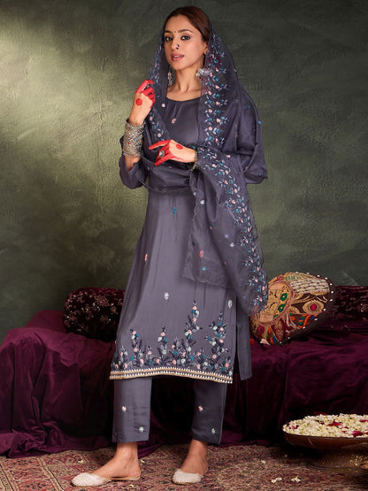 Floral Embroidered Thread Work Straight Kurta With Trousers & Dupatta