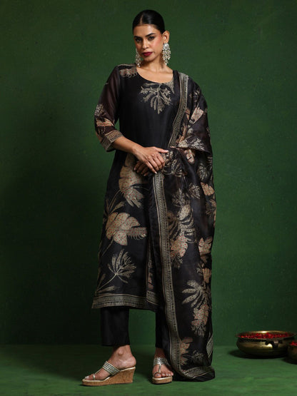 Dhiyona VA Women'sFloral Embroidered Thread Work Chanderi Silk Kurta with Trousers & Dupatta