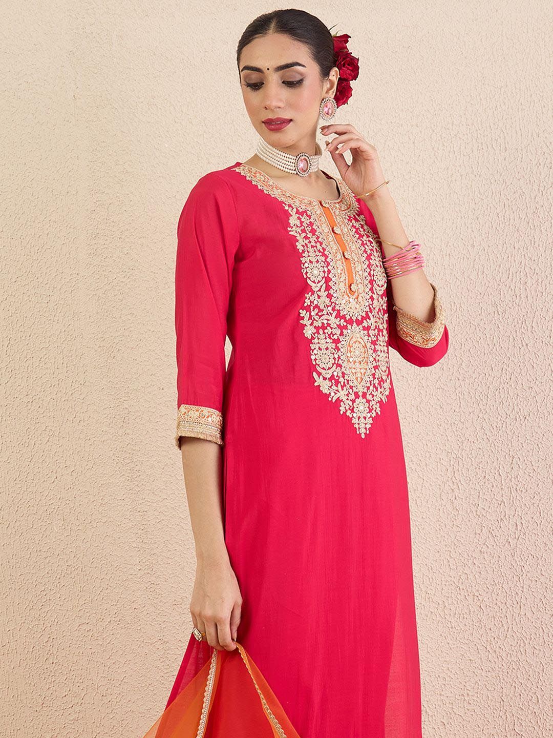 Ethnic Motifs Embroidered Sequinned Straight Kurta With Trousers & Dupatta