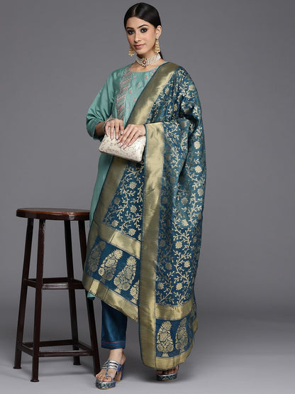 Dhiyona VA Women's Blue Ethnic Motifs Embroidered Kurta with Trousers & Dupatta