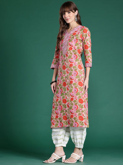 Floral Printed Pure Cotton Kurta with Salwar & With Dupatta