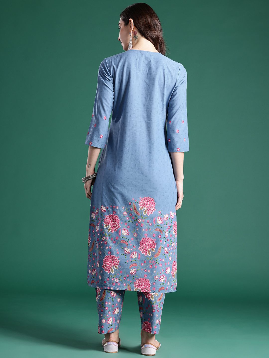 Dhiyona IE Floral Printed Regular Sequinned Pure Cotton Kurta with Trousers