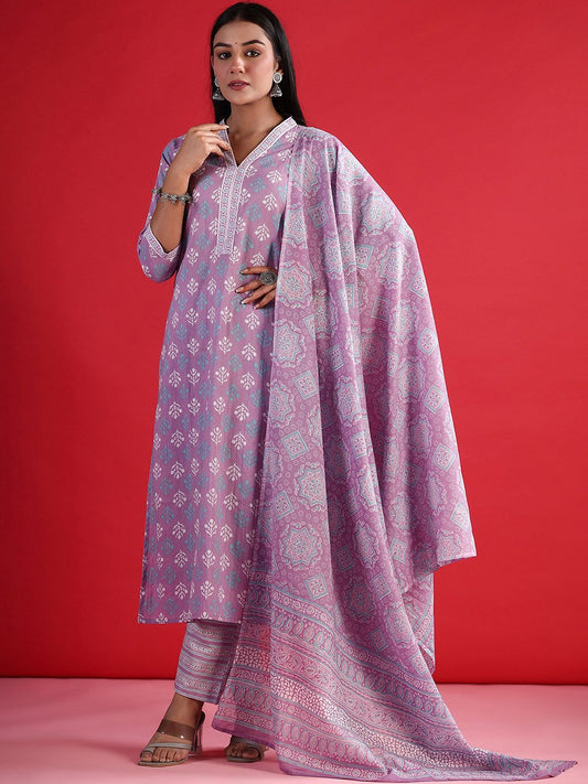 Dhiyona IE V-Neck Ethnic Motifs Printed Regular Pure Cotton Kurta Set