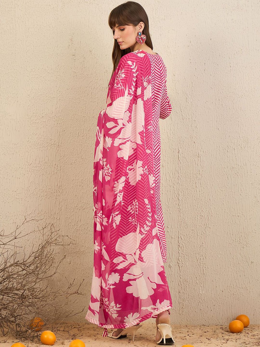 Chevron Printed Pure Cotton Straight Kurta With Trousers & Dupatta