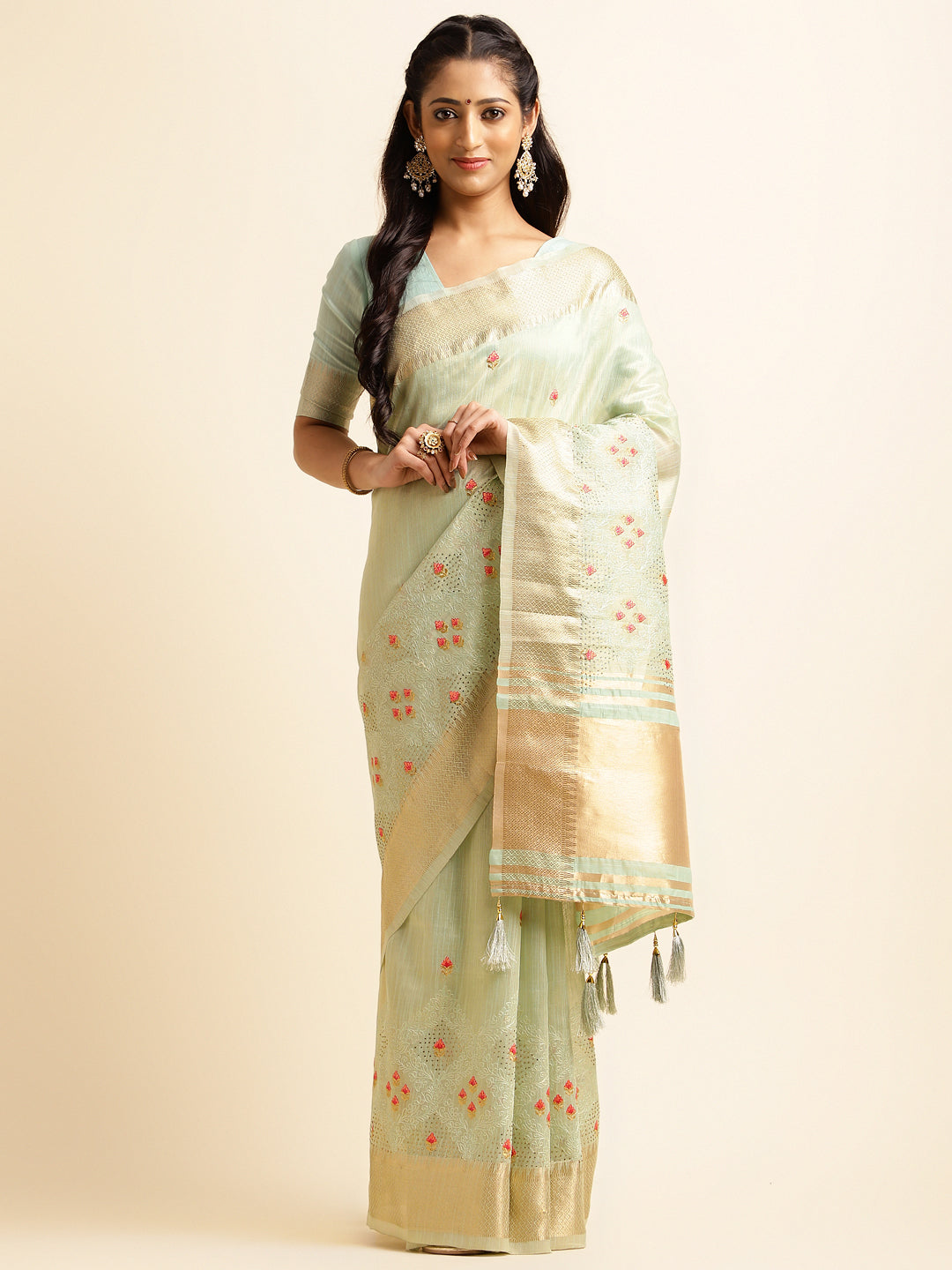 Dhiyona GR Women's Savi Sea Green Cotton Khadi Silk Saree