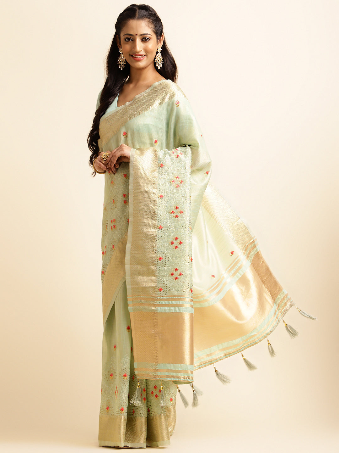 Dhiyona GR Women's Savi Sea Green Cotton Khadi Silk Saree