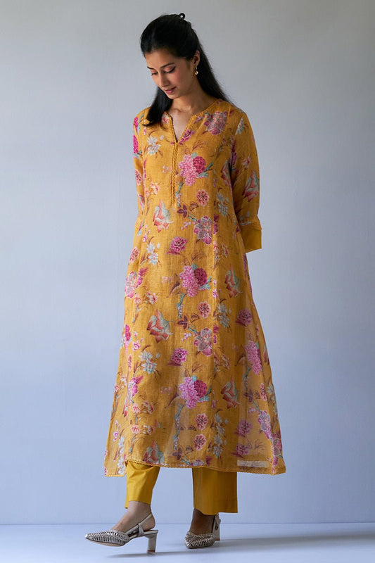Women's Mustard Yellow Linen Chintz Printed Co-ord Set