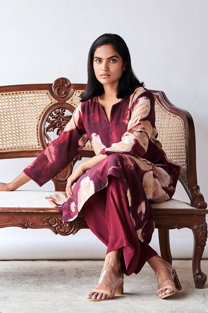 Women's Maroon and Beige Bemberg Silk Printed Co-ord Set