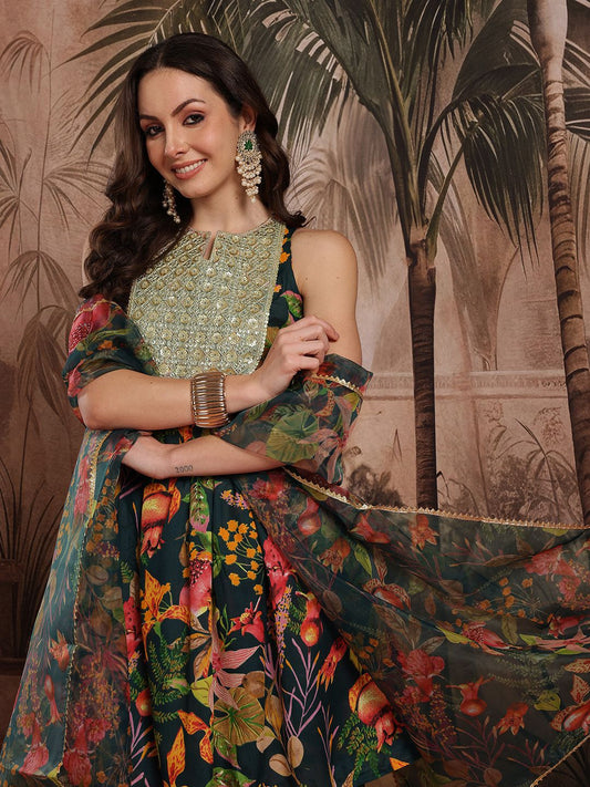 Dhiyona SN Women's Floral Printed Pleated Sequinned Kurta with Dhoti Pants & Dupatta