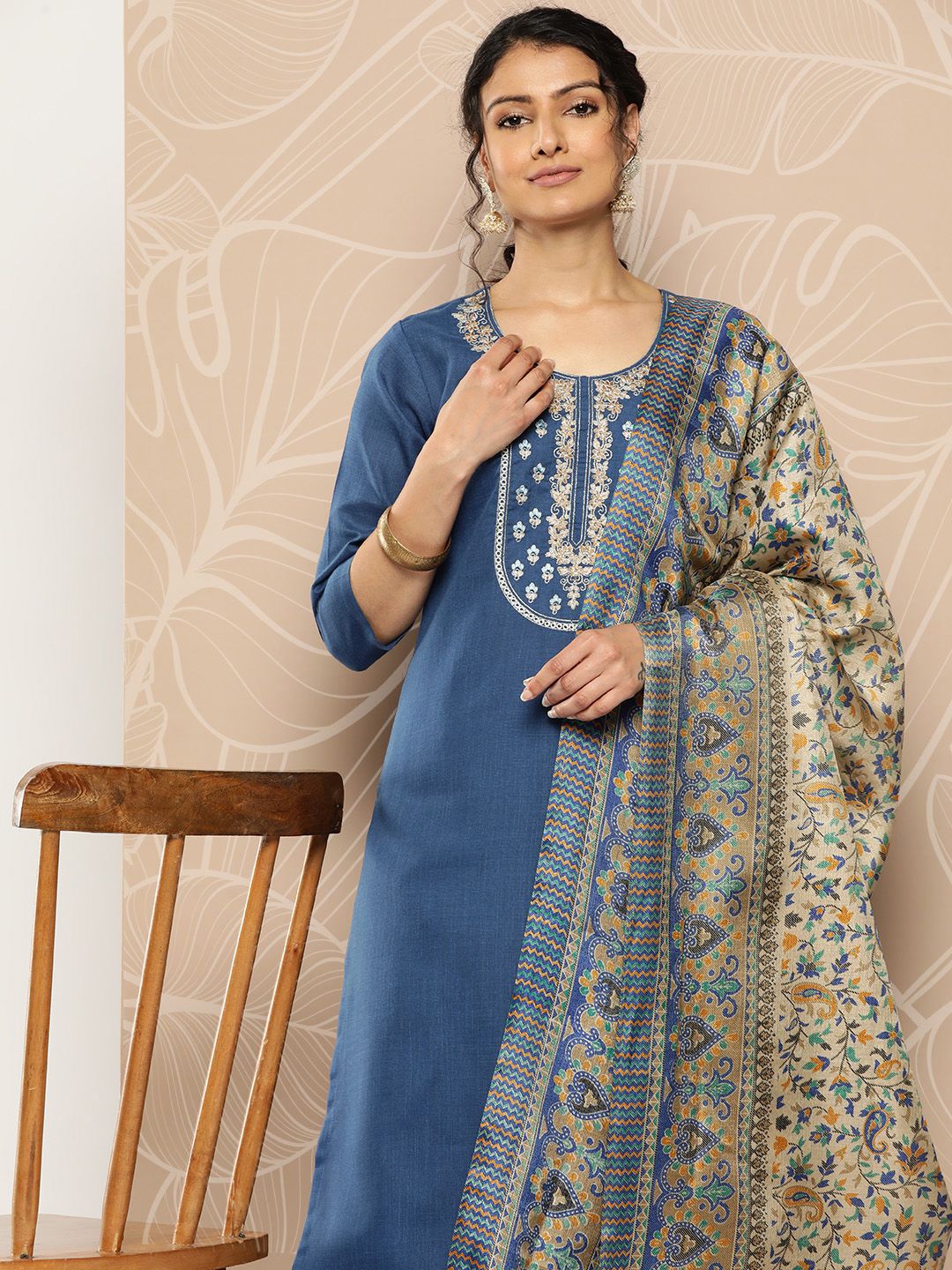 Dhiyona VA Women'sBlue Yoke Embroidered Kurta with Trouser and Dupatta