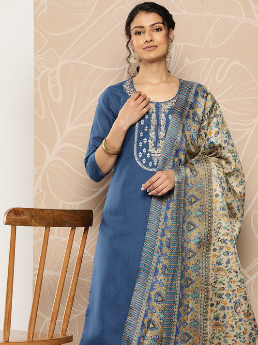 Dhiyona VA Women'sBlue Yoke Embroidered Kurta with Trouser and Dupatta