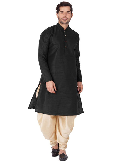 Men's Black Silk Blend Straight Kurta and Dhoti Set