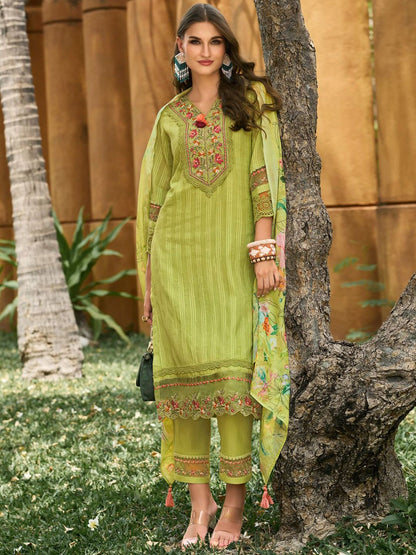 Dhiyona IE Women Floral Regular Thread Work Linen Kurta with Trousers & With Dupatta