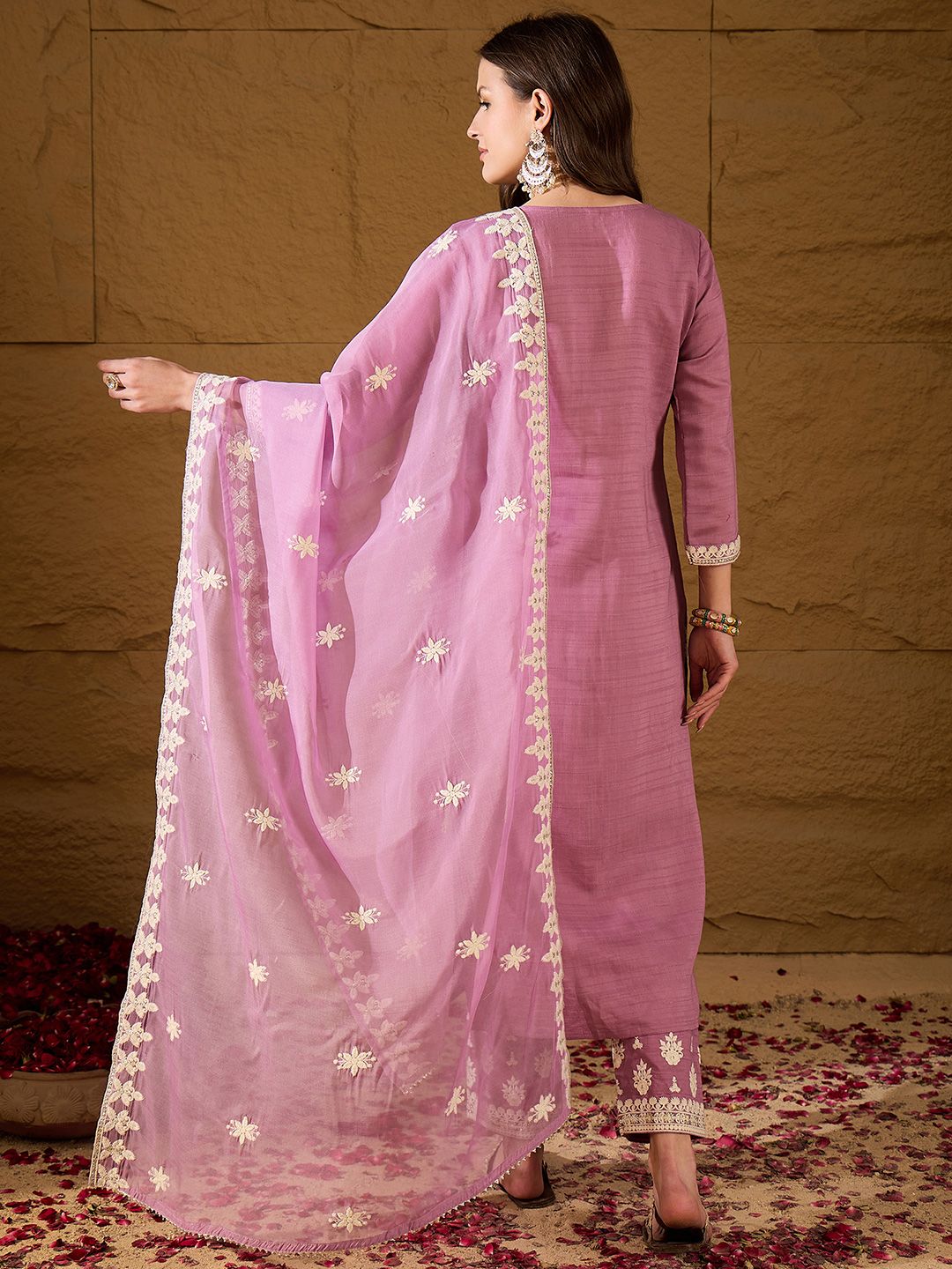 Dhiyona PD Women Embroidered Thread Work Straight Kurta With Trousers And Dupatta