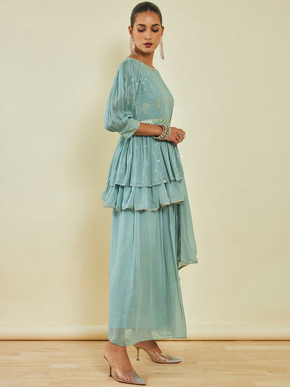 Dhiyona SO Women's Blue Embroidered Puff Sleeve Layered Sequinned Kurti & Palazzos With Dupatta