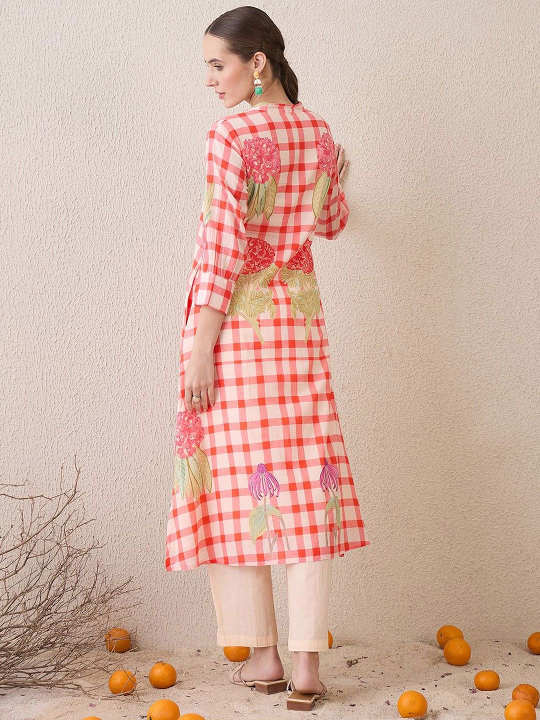 Dhiyona IE Floral Printed Mandarin Collar Pure Cotton A-Line Kurta With Trouser