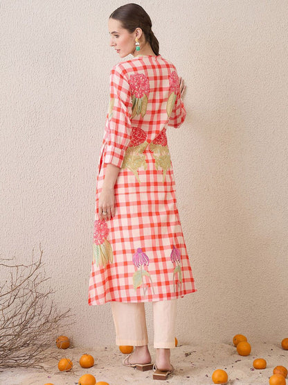 Dhiyona IE Floral Printed Mandarin Collar Pure Cotton A-Line Kurta With Trouser